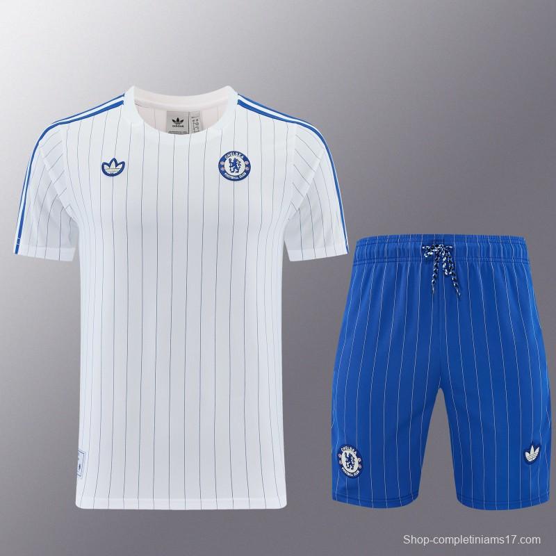 26/27 Chelsea FC White Stripes Short Sleeve+Blue Soccer Shorts