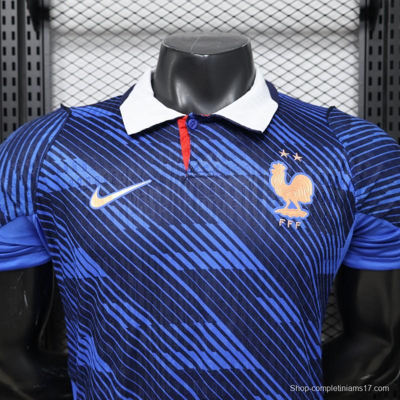 Player Version 2026 France Home Blue with Diagonal Brushstroke Stripe Polo Collar Jersey