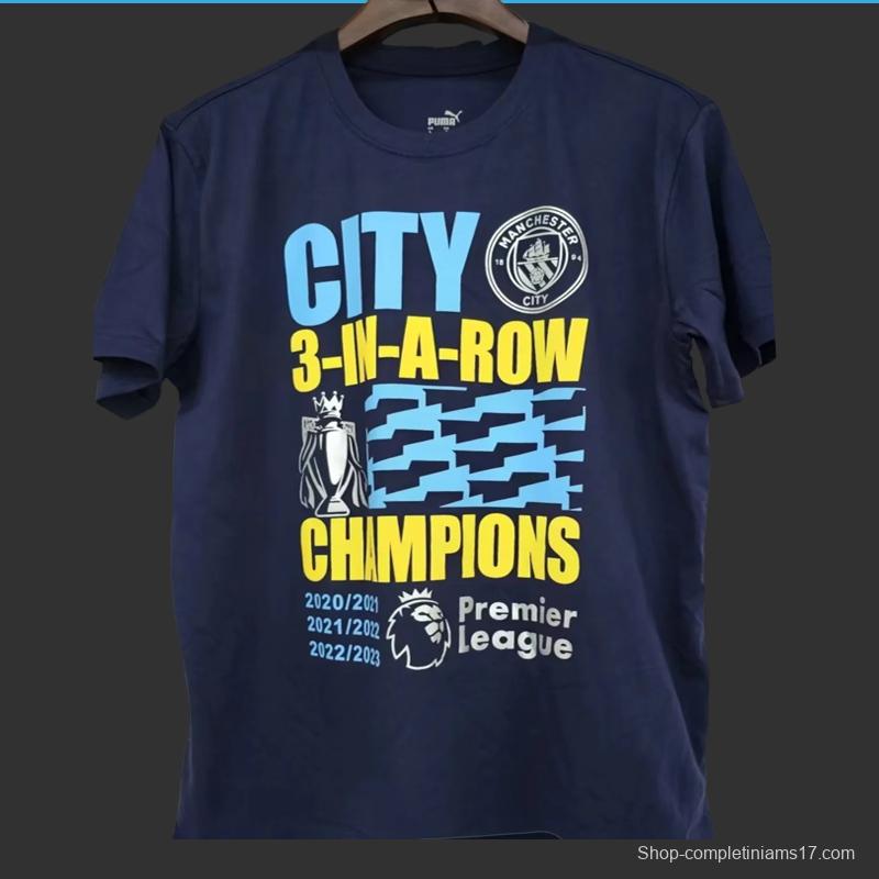 23/24 Manchester City Navy 3 In A Row Champions T-Shirt