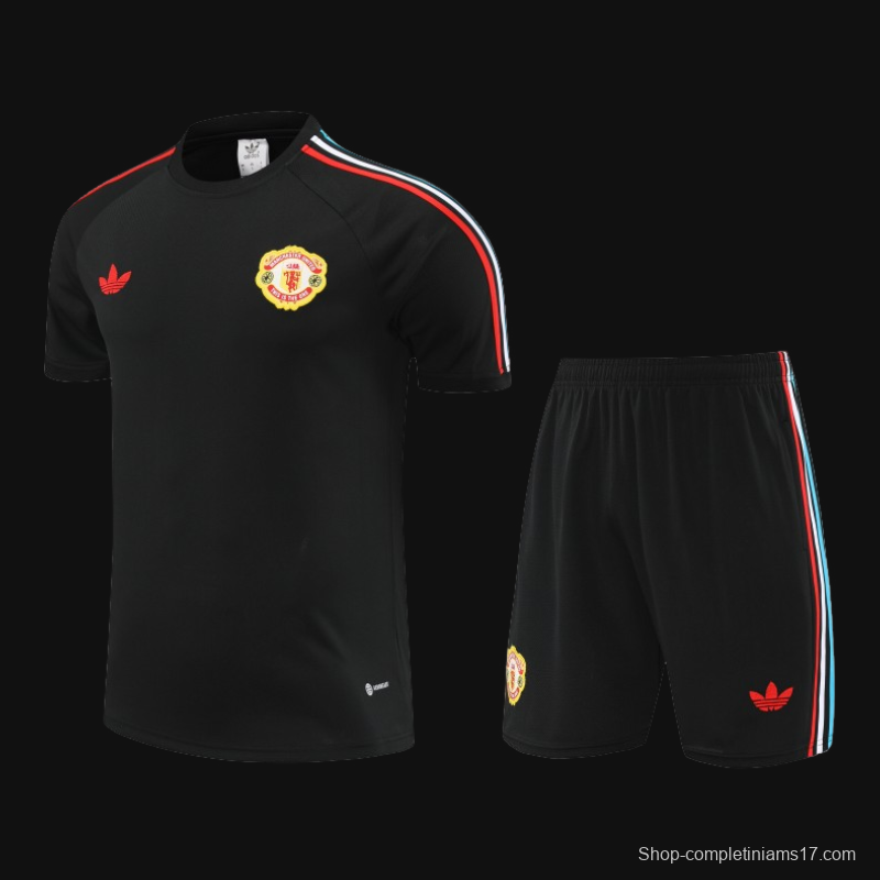 23/24 Manchester United Black Cotton Short Sleeve Jersey+Shorts