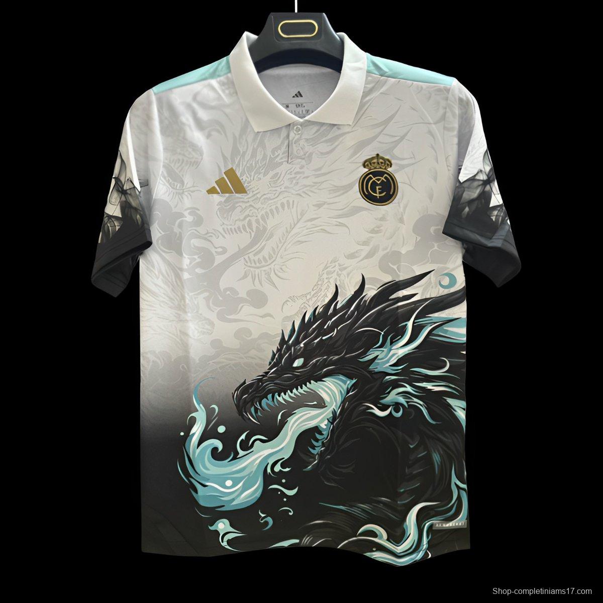 25/26 Real Madrid White with Black Dragon Fire Jersey