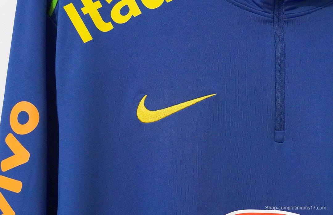2024 Brazil Navy Blue with Lime Green Long Sleeve Half-Zip Training Top
